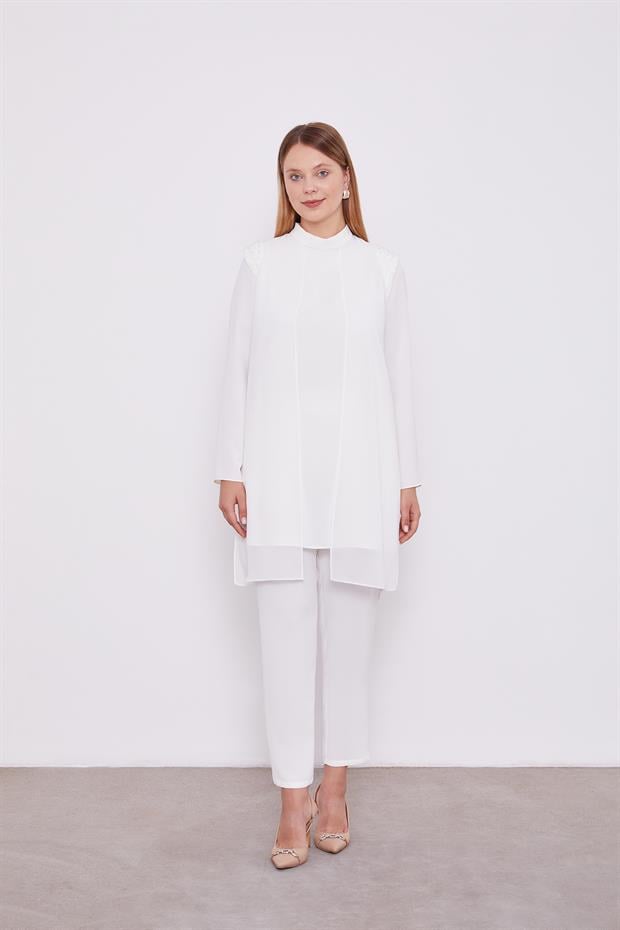 Ekru Şifon Omuzları İşlemeli İkili Takım