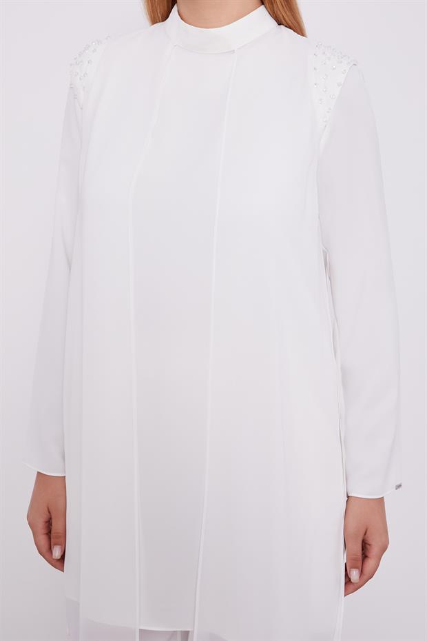 Ekru Şifon Omuzları İşlemeli İkili Takım