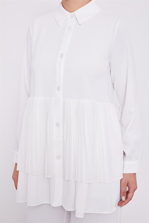 Ekru Şifon Pileli Gömlek İkili Takım