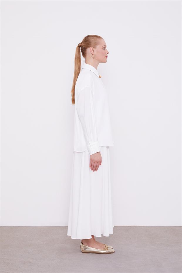 Ekru Şifon Pilise Detaylı Etekli Takım