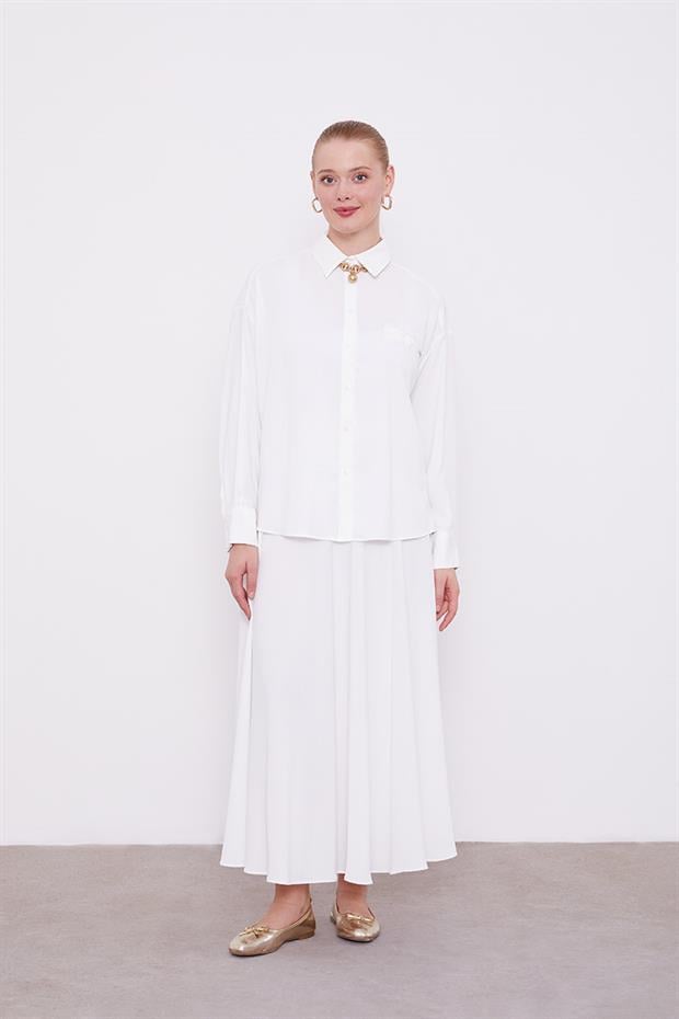 Ekru Şifon Pilise Detaylı Etekli Takım