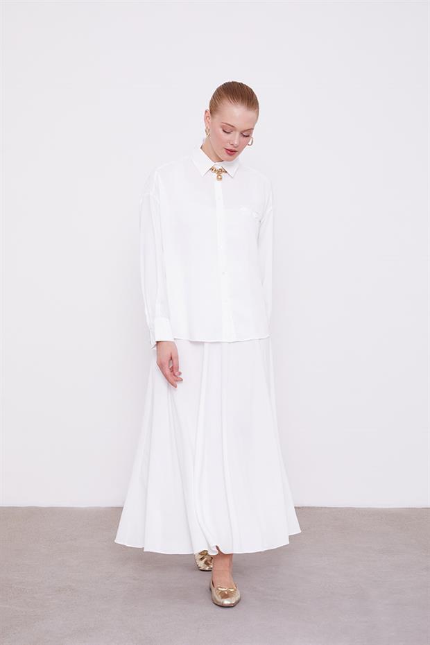 Ekru Şifon Pilise Detaylı Etekli Takım