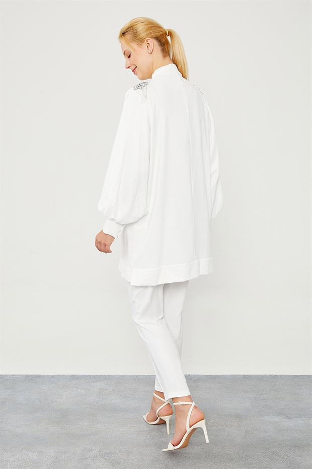 Ekru Taş Apolet Detaylı Pantolonlu Takım