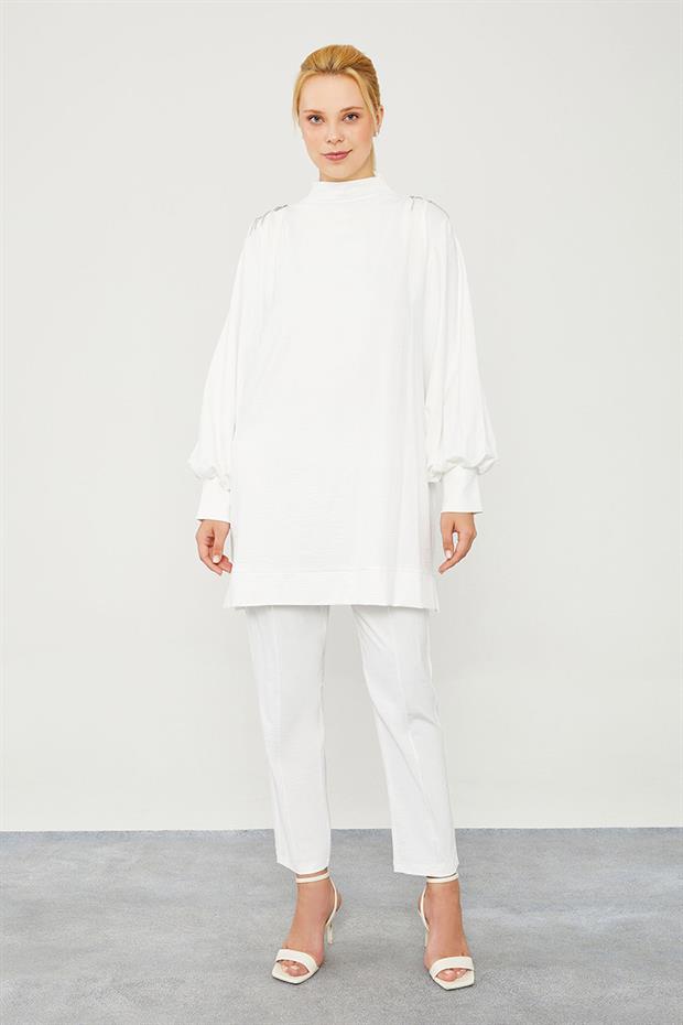 Ekru Taş Apolet Detaylı Pantolonlu Takım