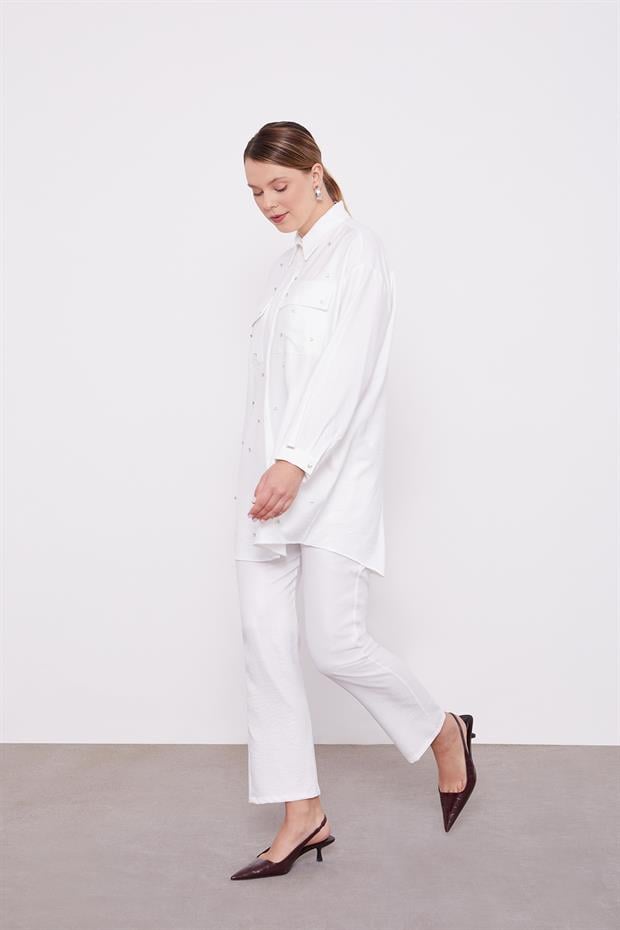 Ekru Taş İşlemeli Melanj Gömlek İkili Takım