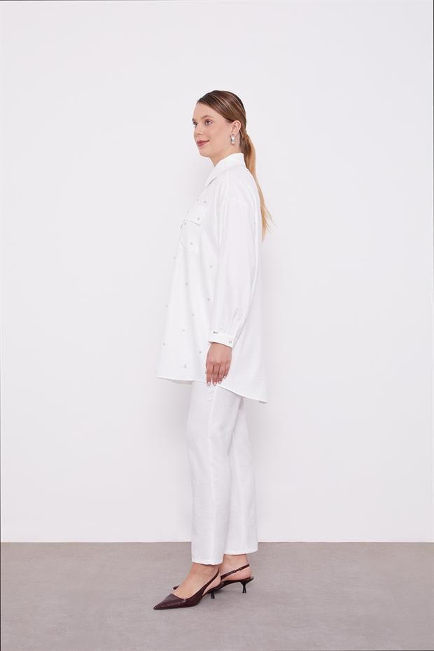 Ekru Taş İşlemeli Melanj Gömlek İkili Takım