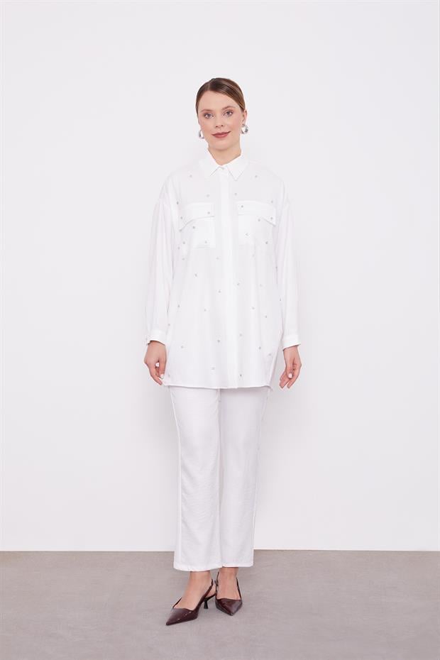 Ekru Taş İşlemeli Melanj Gömlek İkili Takım