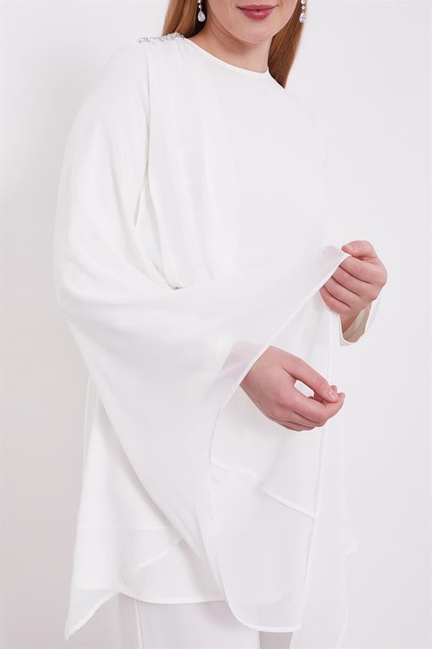 Ekru Taş İşlemeli Şifon İkili Takım