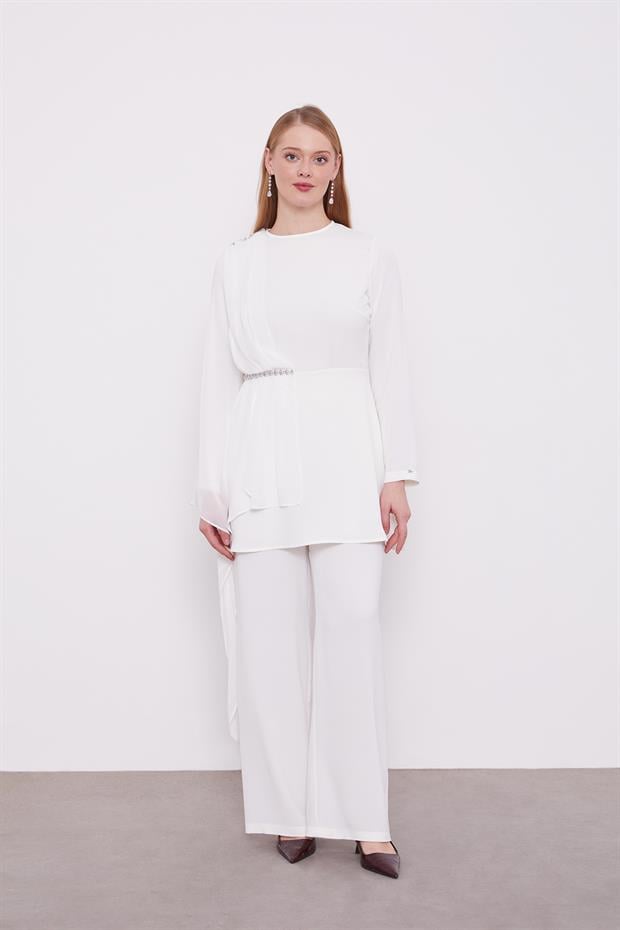 Ekru Taş İşlemeli Şifon İkili Takım