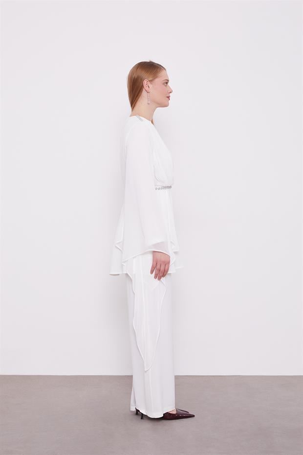 Ekru Taş İşlemeli Şifon İkili Takım