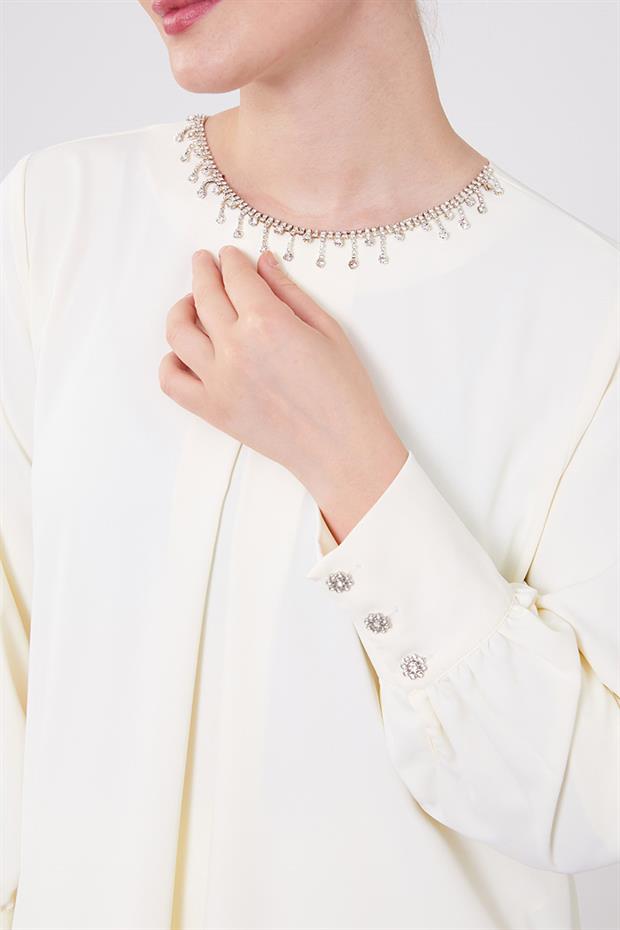 Ekru Yakası Taş İşlemeli Şifon Tunik Takım