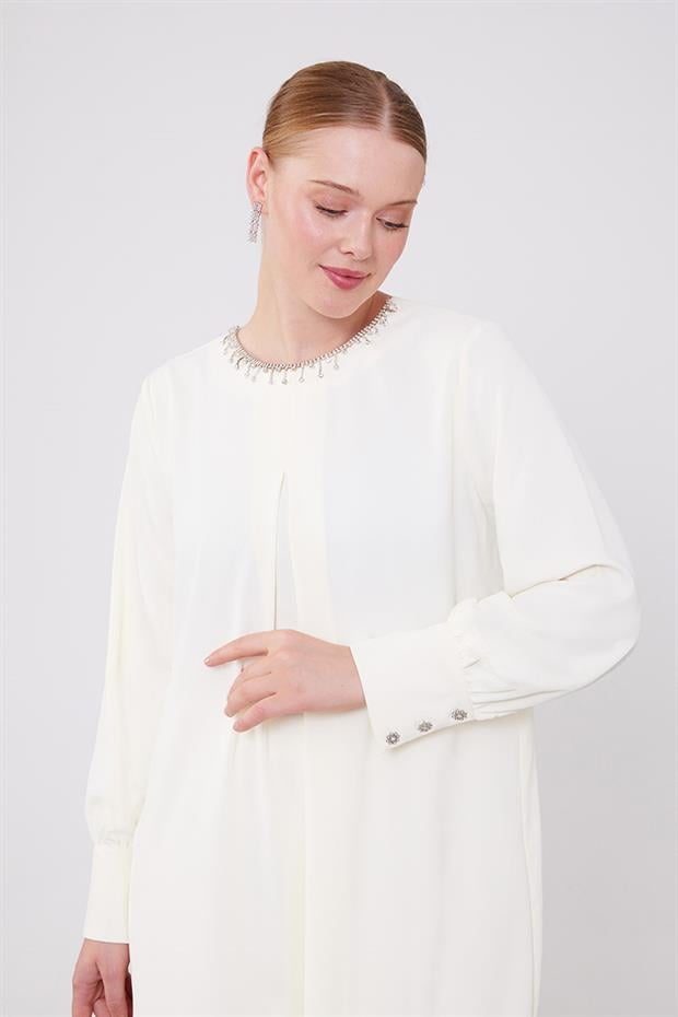 Ekru Yakası Taş İşlemeli Şifon Tunik Takım