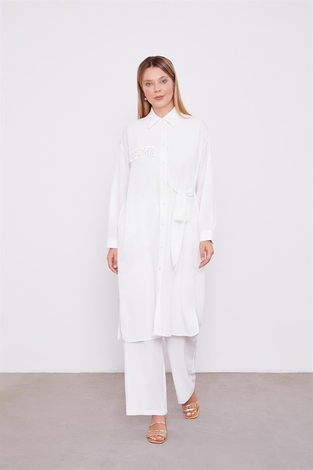 Ekru Yandan Bağlamalı Pliseli İkili Takım