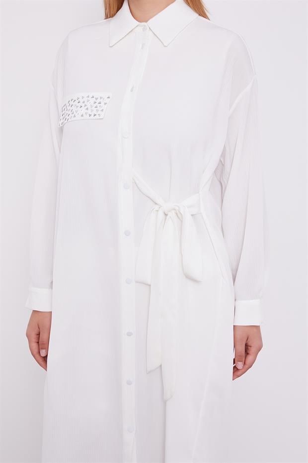 Ekru Yandan Bağlamalı Pliseli İkili Takım