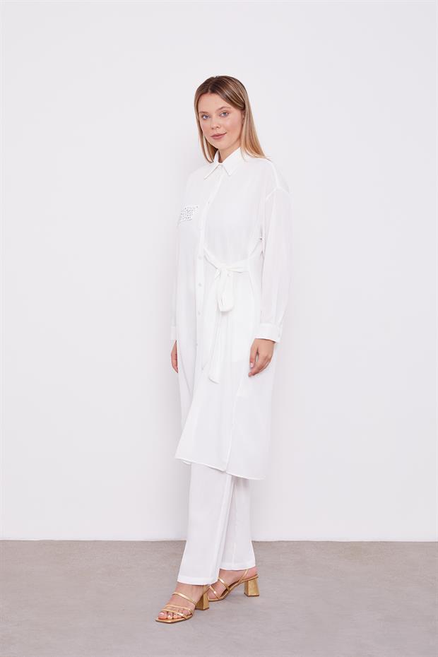 Ekru Yandan Bağlamalı Pliseli İkili Takım