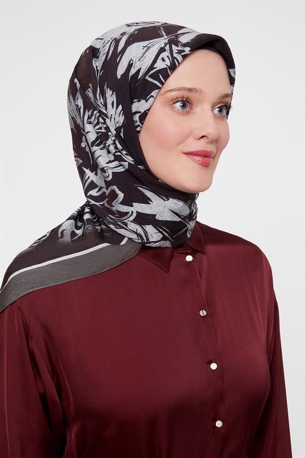 Füme Çiçek Soyut Desen Modal İpek Eşarp