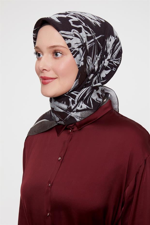 Füme Çiçek Soyut Desen Modal İpek Eşarp