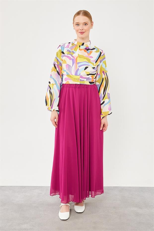 Fuşya Beli Lastikli Kloş Etek