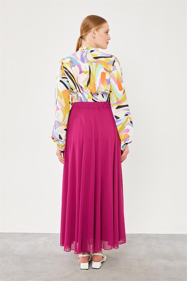 Fuşya Beli Lastikli Kloş Etek