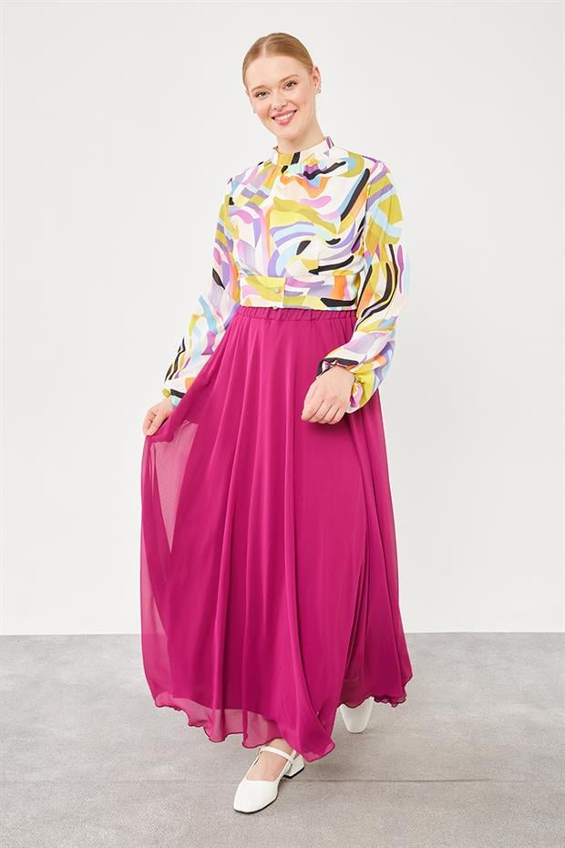 Fuşya Beli Lastikli Kloş Etek