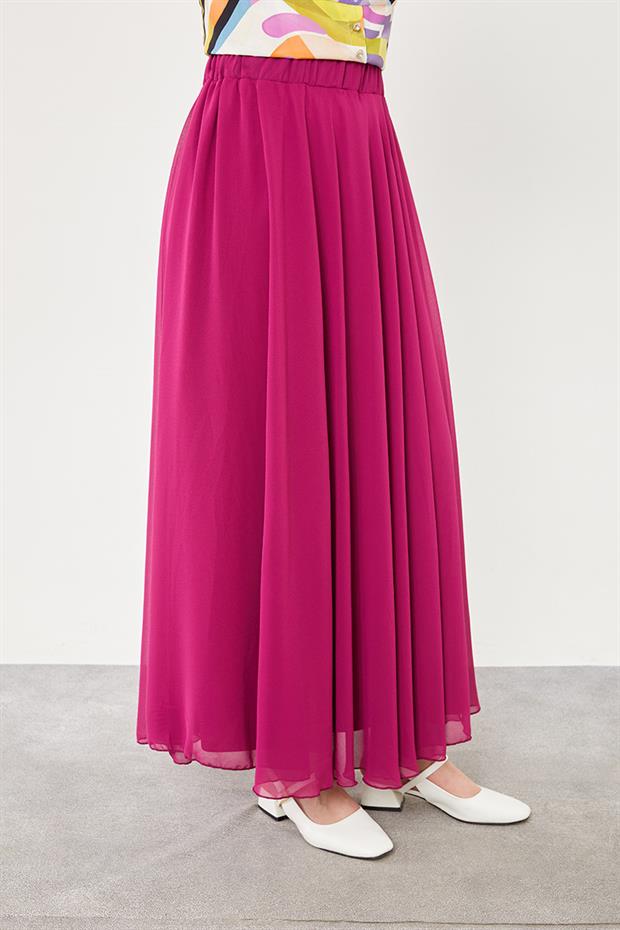 Fuşya Beli Lastikli Kloş Etek