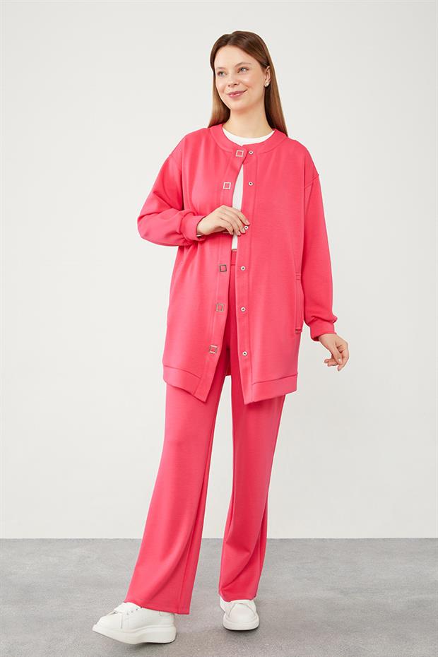 Fuşya Bisiklet Yaka Cepli Penye Pantolonlu Spor Takım