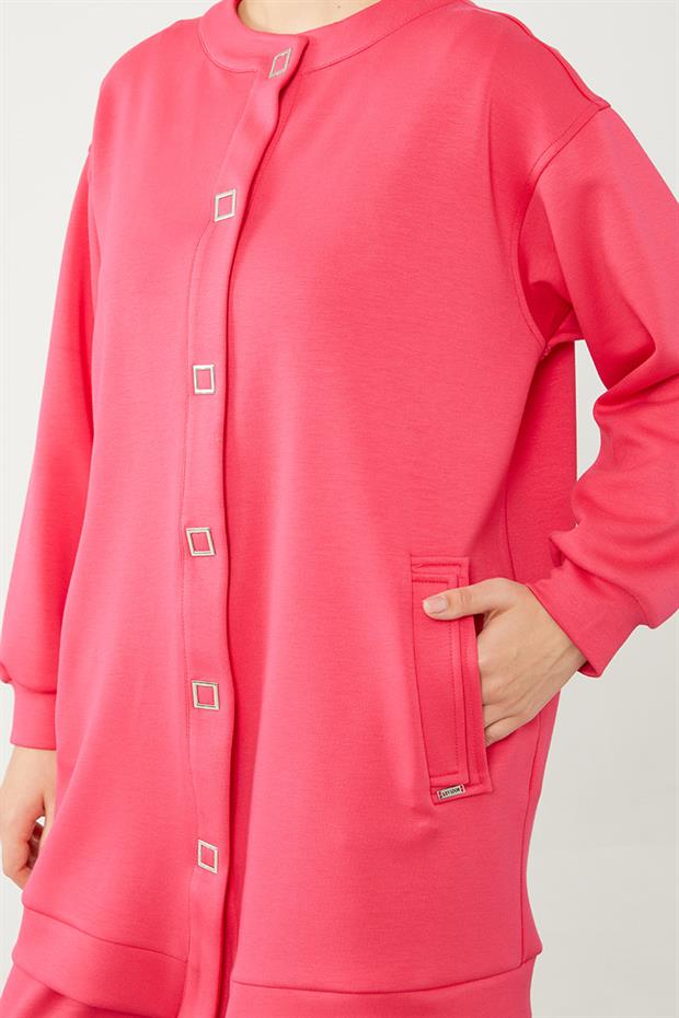 Fuşya Bisiklet Yaka Cepli Penye Pantolonlu Spor Takım