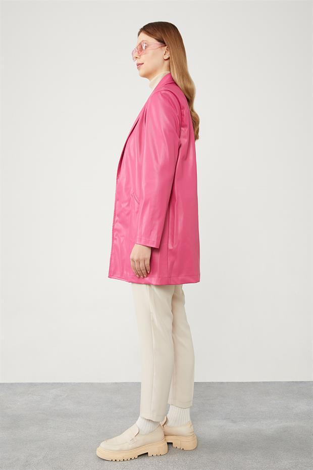 Fuşya Blazer Astarsız Suni Deri Ceket