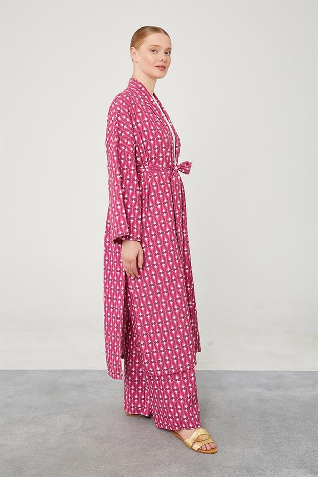 Desenli Keten Kuşak Bağlamalı Kimono Takım Fuşya