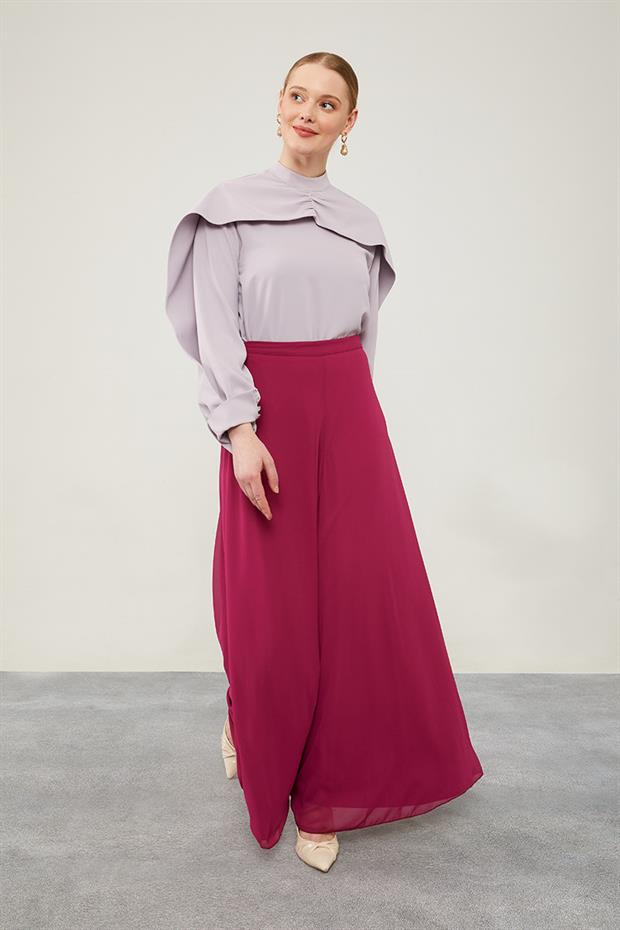 Fuşya Geniş Paçalı Şifon Pantolon