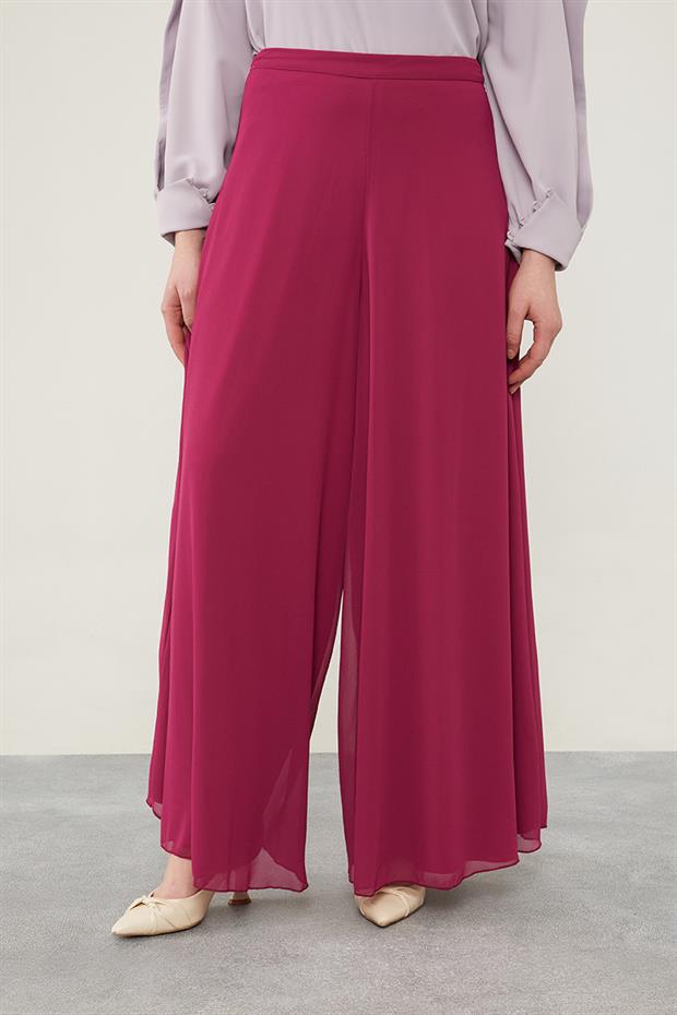 Fuşya Geniş Paçalı Şifon Pantolon