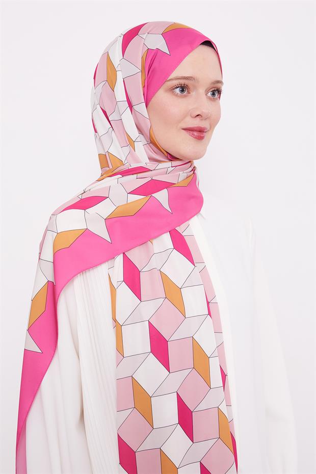 Fuşya Geometrik Desen Club Şal