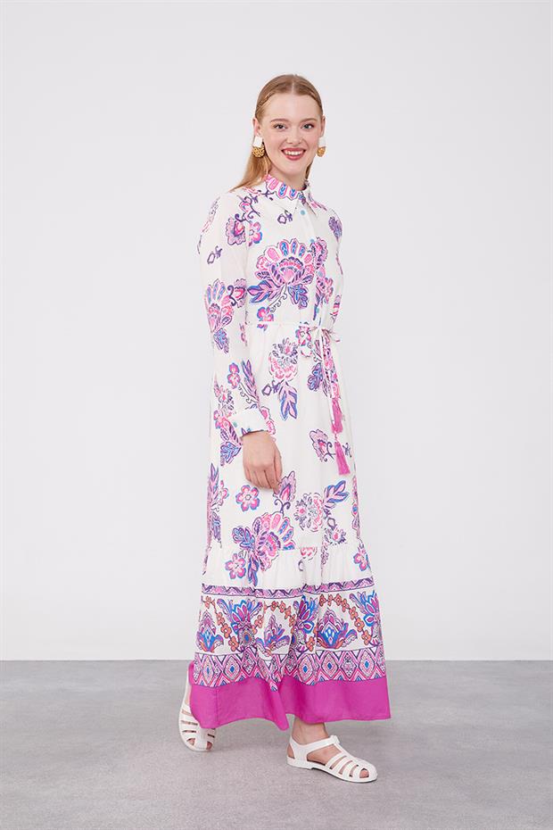 Fuşya Gömlek Yaka Beli İp Detaylı Elbise