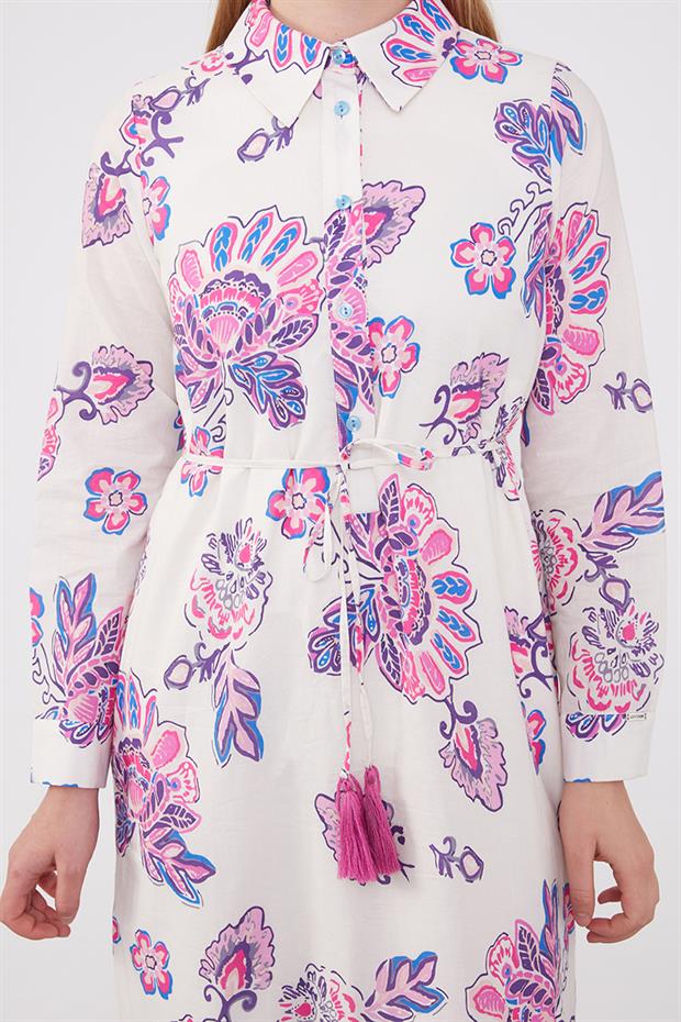 Fuşya Gömlek Yaka Beli İp Detaylı Elbise