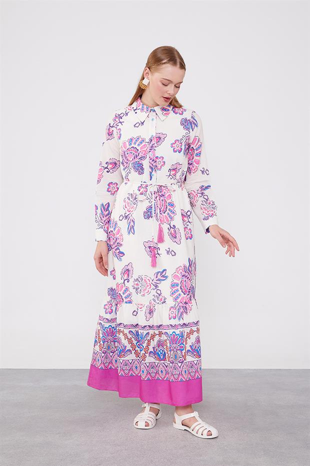 Fuşya Gömlek Yaka Beli İp Detaylı Elbise