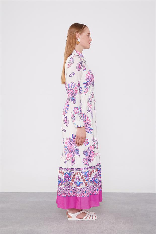 Fuşya Gömlek Yaka Beli İp Detaylı Elbise