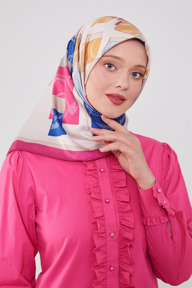 Fuşya Küp Desen Twill Eşarp