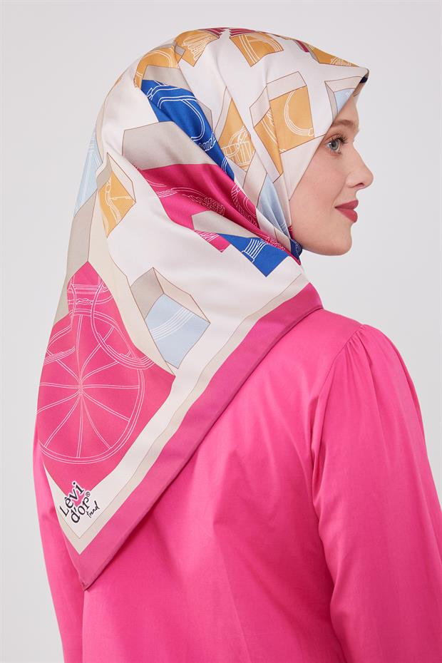 Fuşya Küp Desen Twill Eşarp