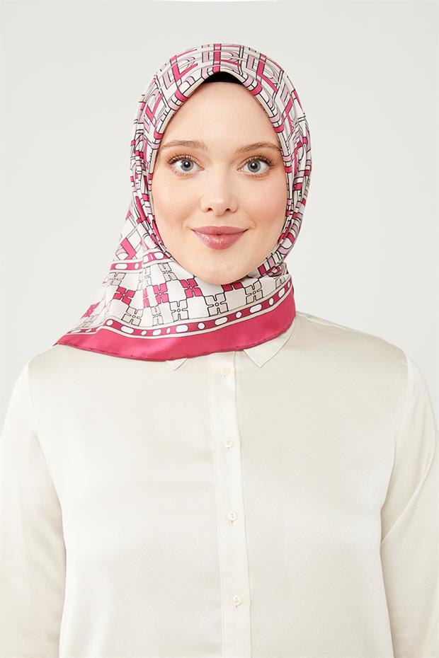 Fuşya LVD Baskılı Trend Twill Eşarp