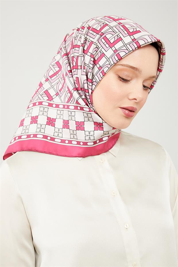 Fuşya LVD Baskılı Trend Twill Eşarp