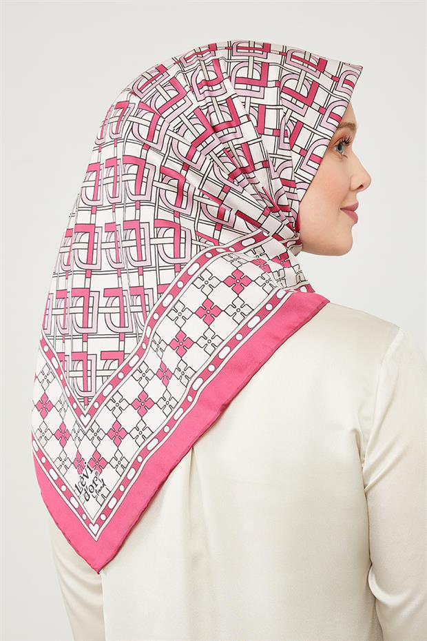 Fuşya LVD Baskılı Trend Twill Eşarp