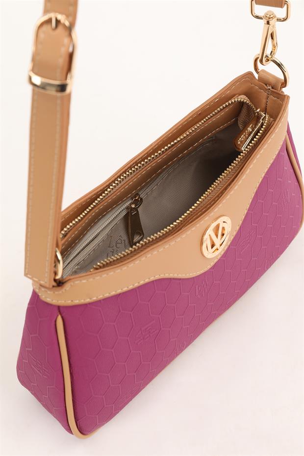 Fuşya Fermuarlı Petek Desen Omuz Çantası