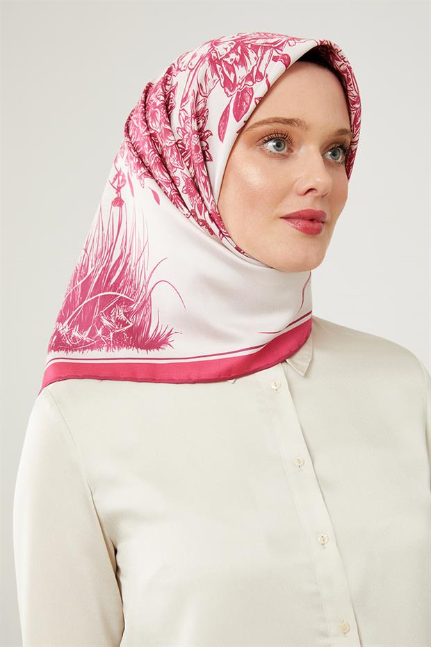 Fuşya Sazlık Desen Trend Twill Eşarp