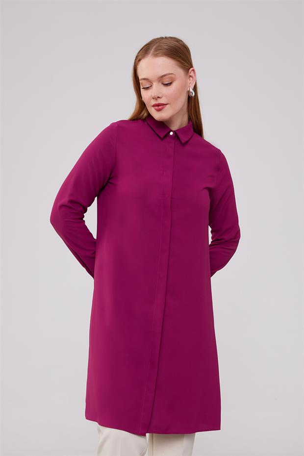 Fuşya Gizli Düğme Detaylı Tunik