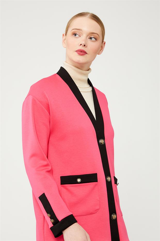 Fuşya - Siyah Düğme Kapamalı Hırkalı İkili Takım