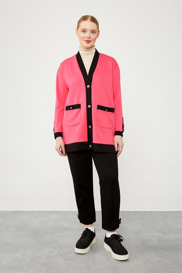 Fuşya - Siyah Düğme Kapamalı Hırkalı İkili Takım