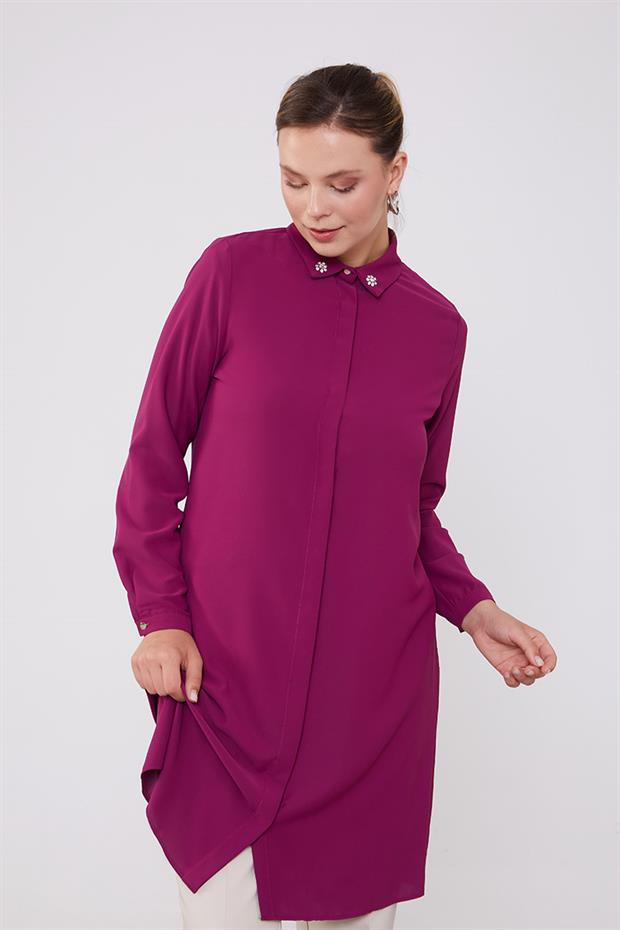 Fuşya Yaka Taş Detaylı Tunik