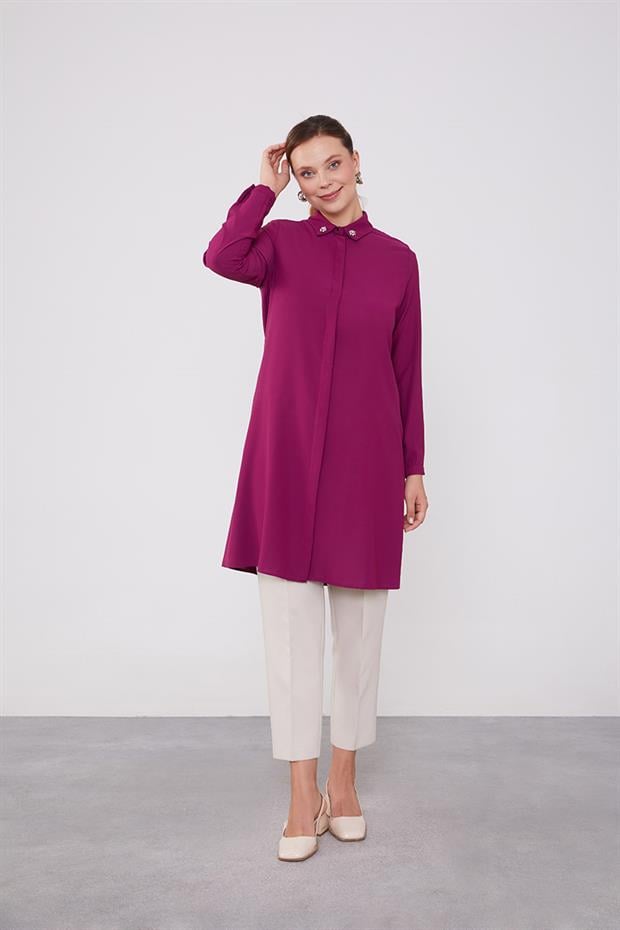 Fuşya Yaka Taş Detaylı Tunik