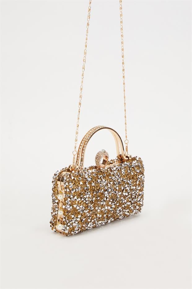 Gold Taş İşleme Saplı Abiye El Çantası