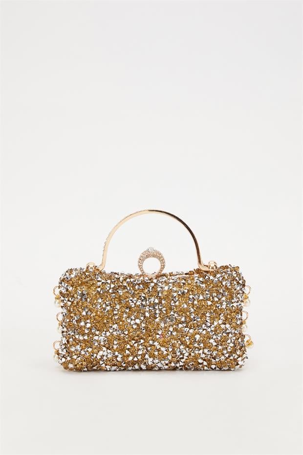 Gold Taş İşleme Saplı Abiye El Çantası